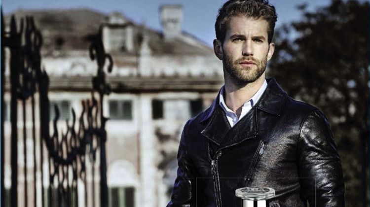 Model André Hamann fronts Trussardi's Riflesso fragrance campaign.