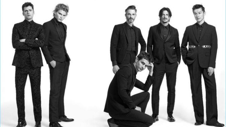 Sean O'Pry, Jordan Barrett, Ben Hill, Jarrod Scott, Daisuke Ueda, and David Smith appear in a photo shoot for VMAN.